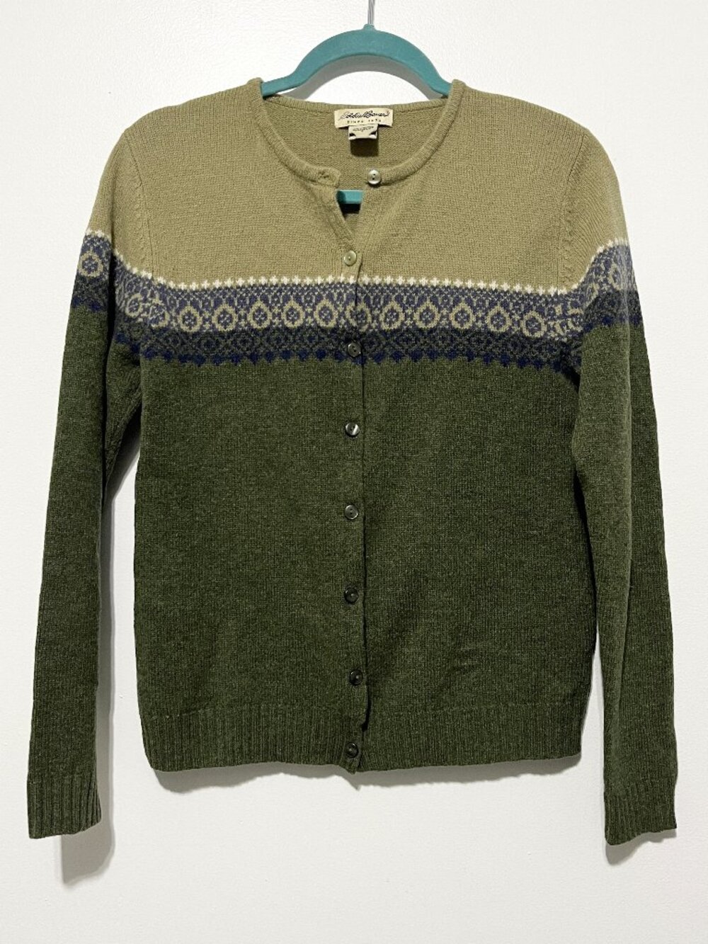 Eddie Bauer Womens Lambs Wool Cardigan S Fair Isle Green Button Front Cabincore